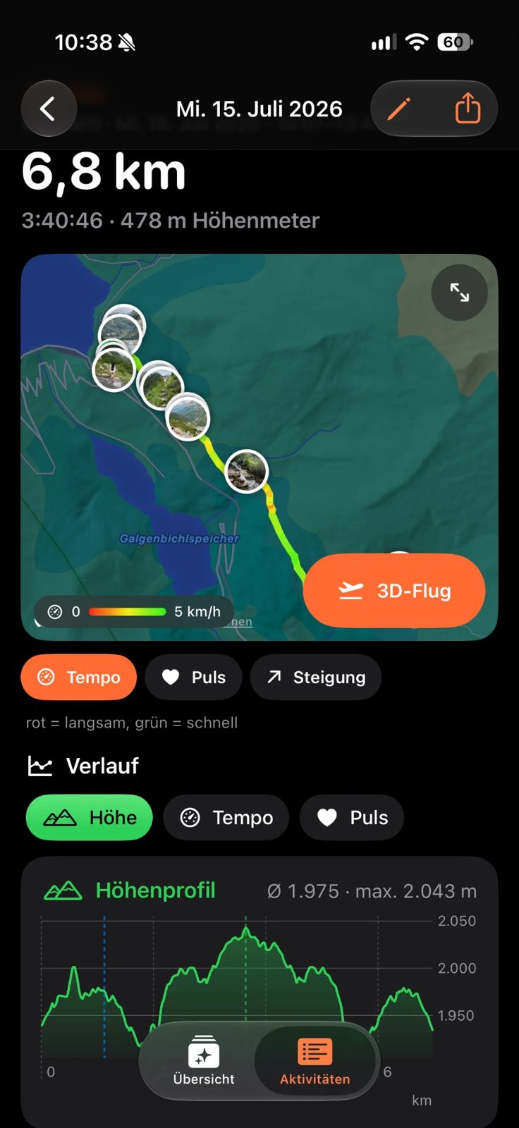 Tour-Detail mit nach Tempo eingefärbter Route und Höhenprofil