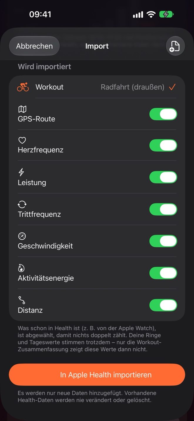 Import in Apple Health mit Auswahl der Datentypen