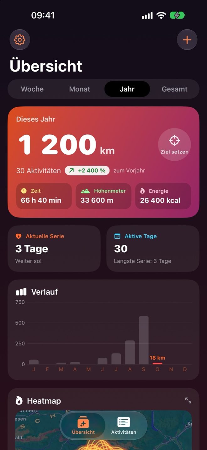 Jahresübersicht mit Kilometern, Serie und Verlauf